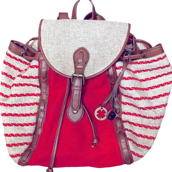 Lucky Brand Kendal Orange and Tan Boho Linen Blend Backpack Style Bag - Picture 5 of 10